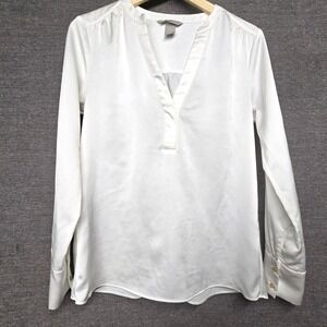 H&M White Satin V-Neck Blouse Long Sleeve Gold Button Cuffs Size S Satin Luxury